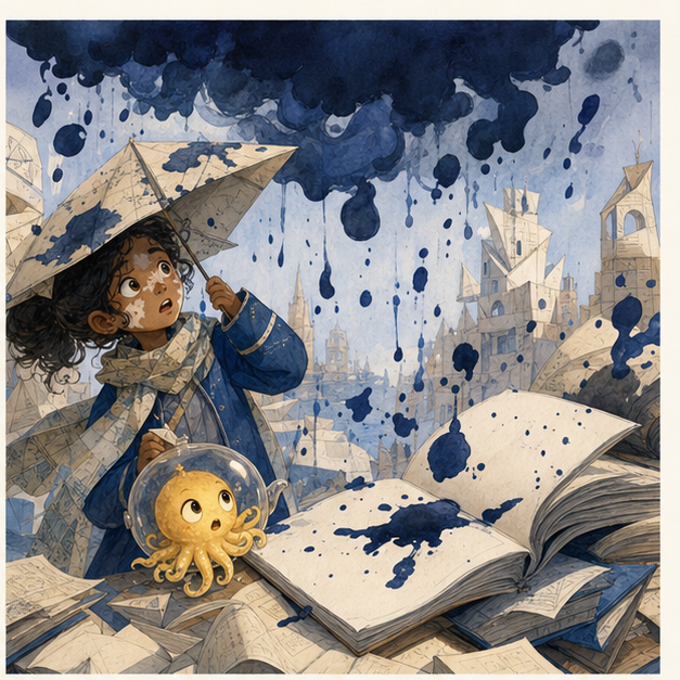 The ink-whale accidentally rains dark blots over blank story pages