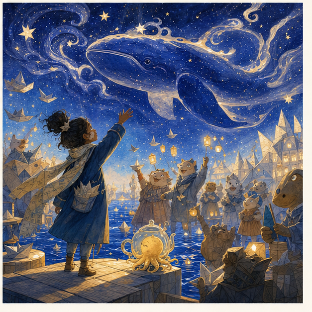 The whale paints a starry ink sky while Paper Harbor celebrates
