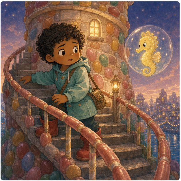 Sam feels afraid while climbing the spiral lighthouse stairs