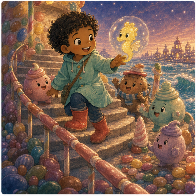 Lumi and shore friends encourage Sam one step at a time