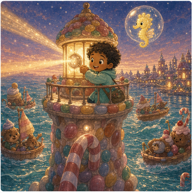 Sam lights the lighthouse and guides tiny boats safely home