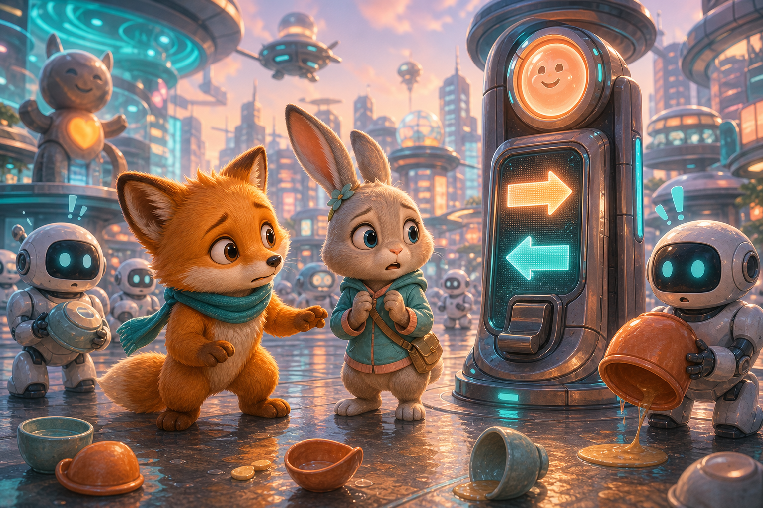 Foxy and Juno in a glowing futuristic plaza after a kindness tower console flips signs backward; connected whimsical children's book illustration, same small fox hero Foxy with amber fur, cream muzzle, teal scarf, warm expressive eyes, soft painterly texture, rounded shapes, cozy cinematic light, no text in image
