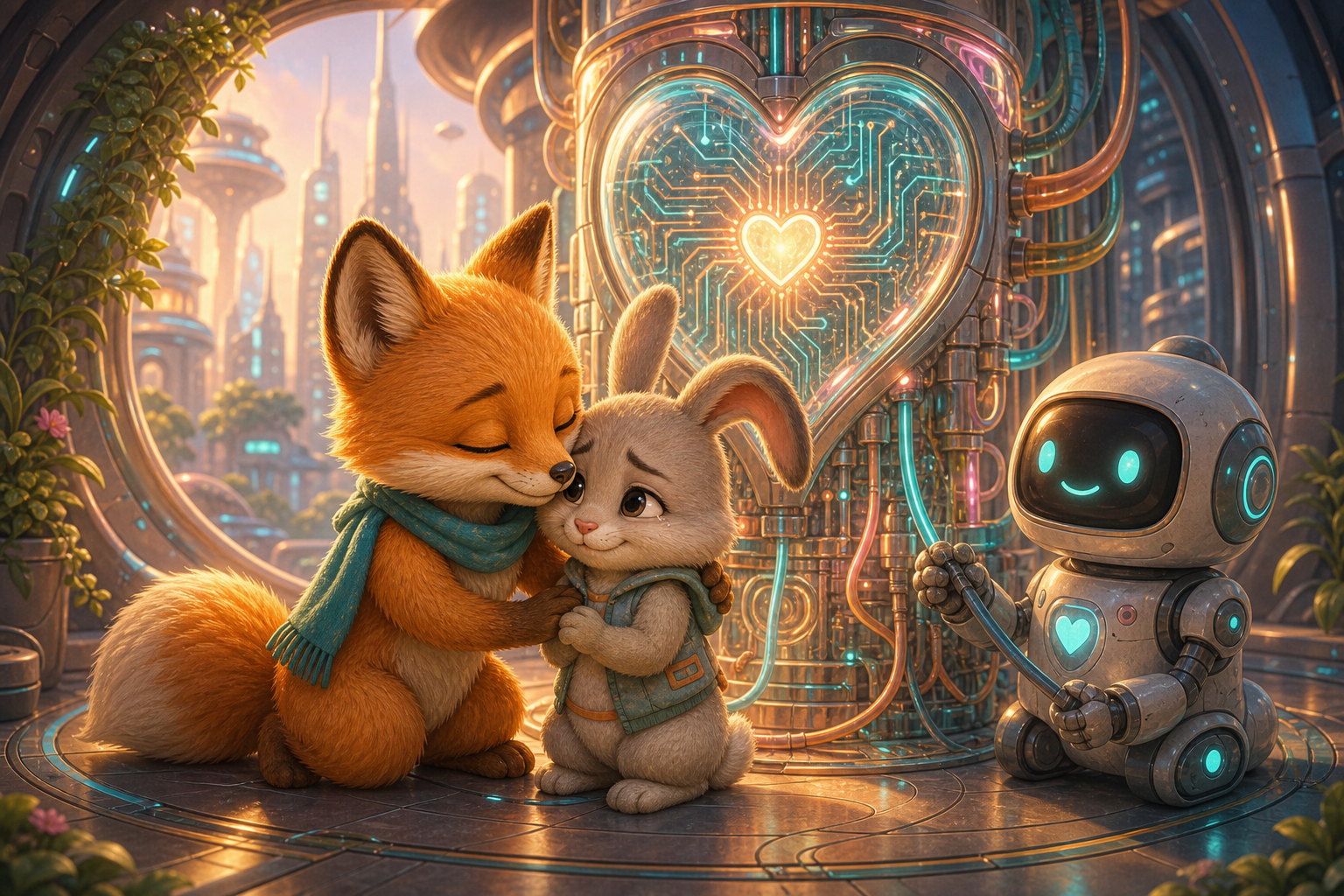 Foxy forgives Juno beside a transparent heart-shaped circuit board glowing inside Future City tower; connected whimsical children's book illustration, same small fox hero Foxy with amber fur, cream muzzle, teal scarf, warm expressive eyes, soft painterly texture, rounded shapes, cozy cinematic light, no text in image