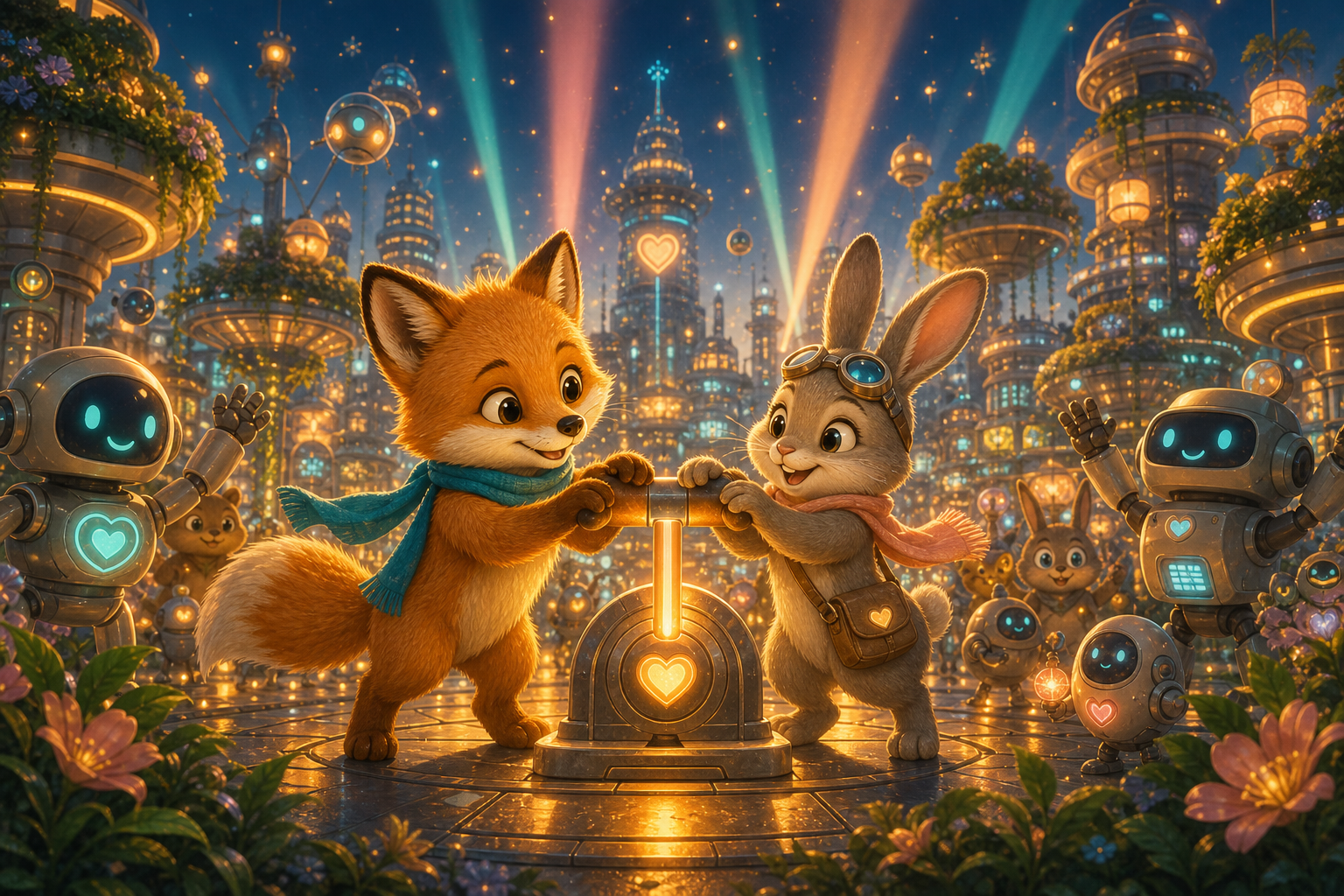 Foxy and Juno turn a glowing kindness switch together as Future City plaza lights up for Glow Night; connected whimsical children's book illustration, same small fox hero Foxy with amber fur, cream muzzle, teal scarf, warm expressive eyes, soft painterly texture, rounded shapes, cozy cinematic light, no text in image