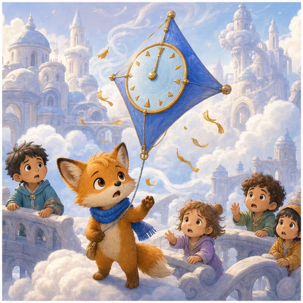 Foxy holding a clock-shaped kite on a Cloud City balcony