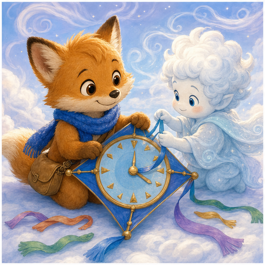 Cloud City children worry as hour ribbons fly away from a kite clock
