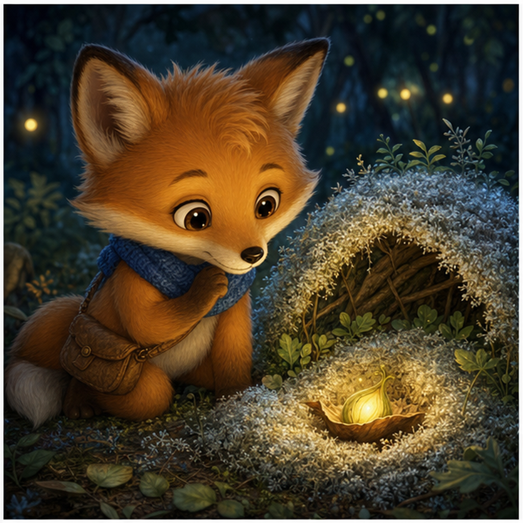 Foxy holding a glowing lantern seed at the edge of a moonlit Magic Forest