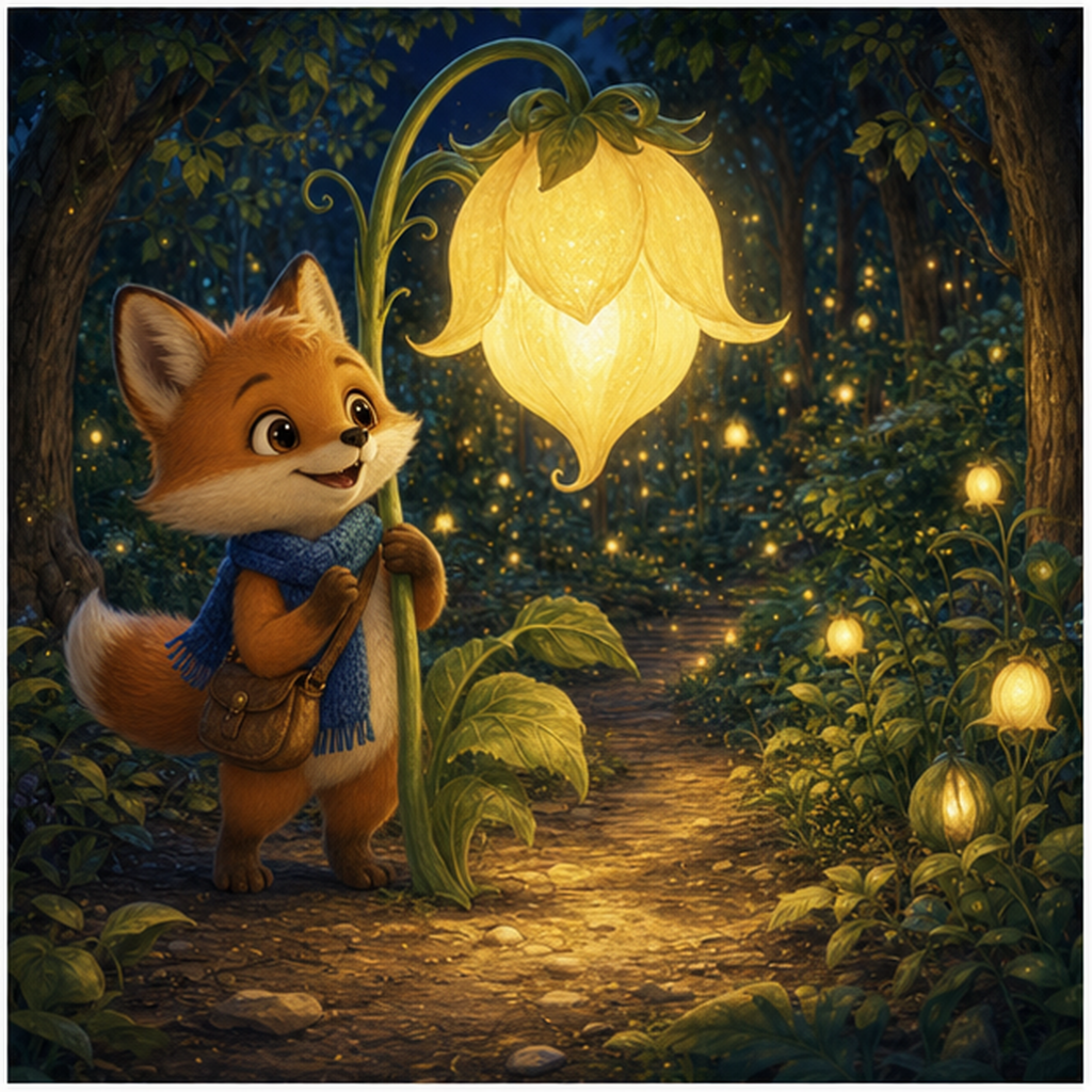 Foxy and a shy mouse building a leaf shelter around a lantern seed