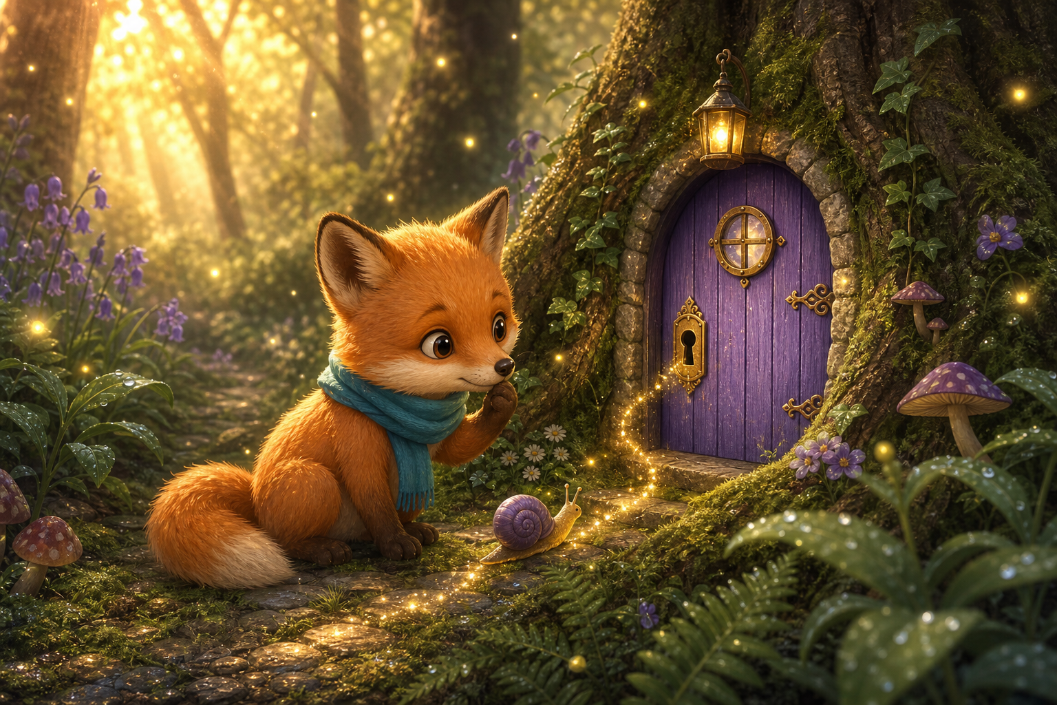 Foxy discovers a tiny lilac door among mossy roots at sunrise while a glowing snail trail points to the keyhole; connected whimsical children's book illustration, same small fox hero Foxy with amber fur, cream muzzle, teal scarf, warm expressive eyes, soft painterly texture, rounded shapes, cozy cinematic light, no text in image