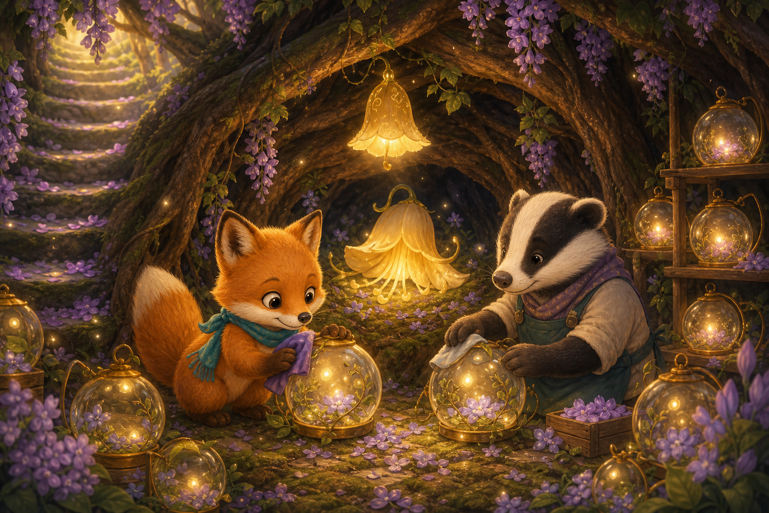 Foxy and a gentle badger polish glowing seed lanterns around a sleeping morning bell beneath the forest; connected whimsical children's book illustration, same small fox hero Foxy with amber fur, cream muzzle, teal scarf, warm expressive eyes, soft painterly texture, rounded shapes, cozy cinematic light, no text in image