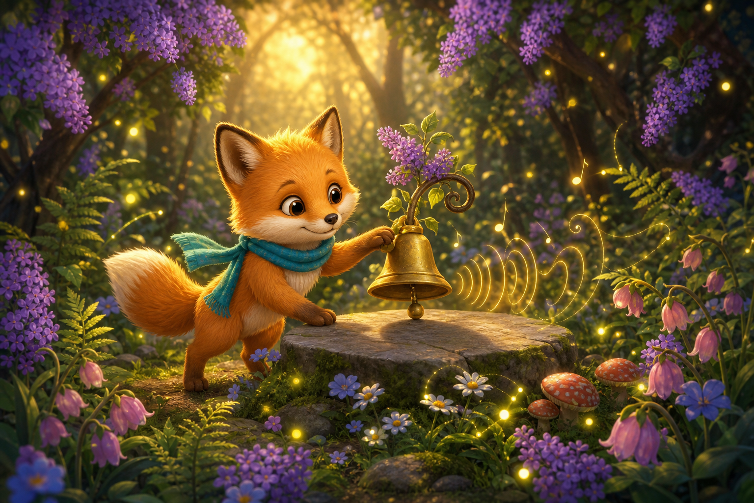 Foxy rings a blooming golden morning bell while fireflies sing among ferns in Magic Forest; connected whimsical children's book illustration, same small fox hero Foxy with amber fur, cream muzzle, teal scarf, warm expressive eyes, soft painterly texture, rounded shapes, cozy cinematic light, no text in image