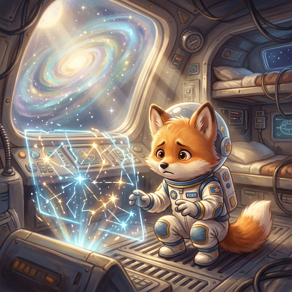 Foxy the astronaut fox cub looking worried at a broken glowing holographic star map. High-quality whimsical digital painting, a blend of Studio Ghibli and modern Pixar (stylized 3D/2D blend). Use a soft but vibrant pastel color palette (sky blues, warm sunlit golds, soft whites). Incorporate dreamy, atmospheric volumetric lighting with soft shadows. Use painterly brushstrokes for a magical storybook feel. Ensure highly detailed but soft edges, conveying an enchanting and innocent mood.