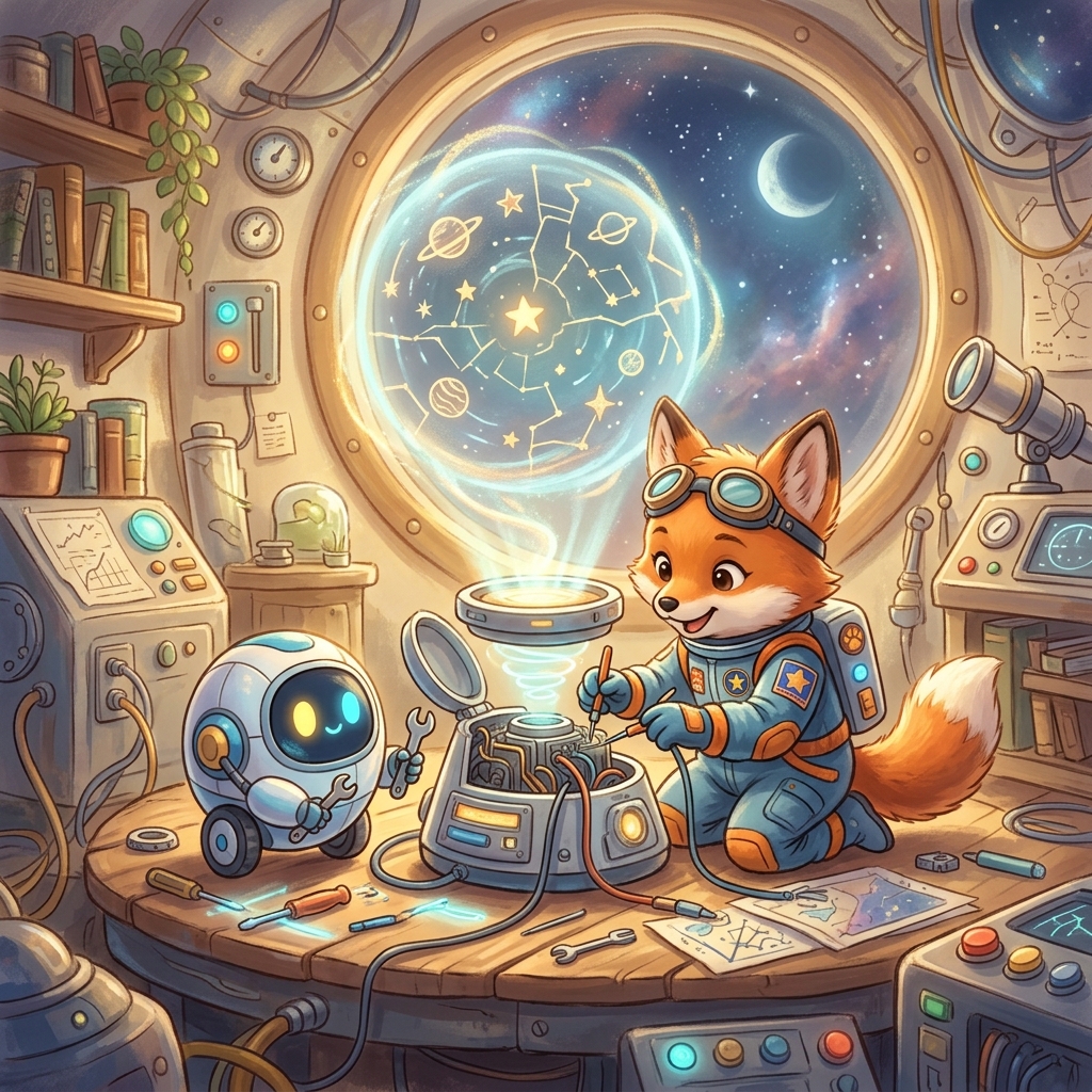 Foxy the astronaut fox cub and a cute little round robot friend working together to fix the holographic projector. High-quality whimsical digital painting, a blend of Studio Ghibli and modern Pixar (stylized 3D/2D blend). Use a soft but vibrant pastel color palette (sky blues, warm sunlit golds, soft whites). Incorporate dreamy, atmospheric volumetric lighting with soft shadows. Use painterly brushstrokes for a magical storybook feel. Ensure highly detailed but soft edges, conveying an enchanting and innocent mood.