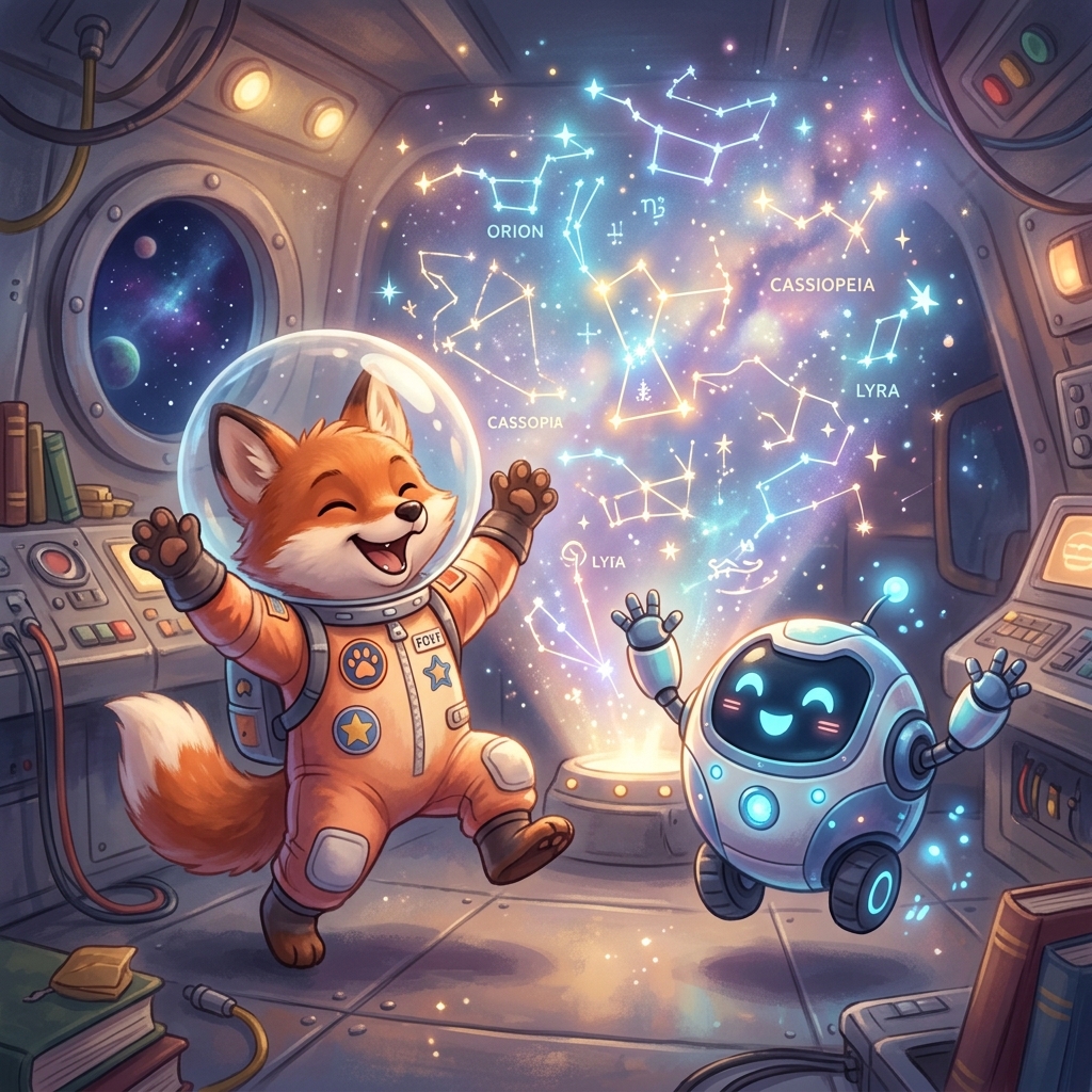 Foxy the astronaut fox cub and the cute round robot friend cheering happily as the holographic star map lights up with beautiful glowing constellations. High-quality whimsical digital painting, a blend of Studio Ghibli and modern Pixar (stylized 3D/2D blend). Use a soft but vibrant pastel color palette (sky blues, warm sunlit golds, soft whites). Incorporate dreamy, atmospheric volumetric lighting with soft shadows. Use painterly brushstrokes for a magical storybook feel. Ensure highly detailed but soft edges, conveying an enchanting and innocent mood.