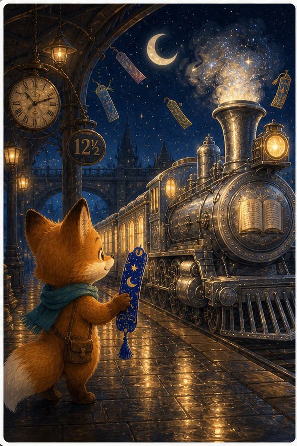 Foxy at a magical old train station at midnight holding a blue ribbon bookmark while a silver ghostly story train approaches platform twelve and a half, books and paper markers glowing softly, warm AmFoxy children's storybook illustration style, no text, no watermark