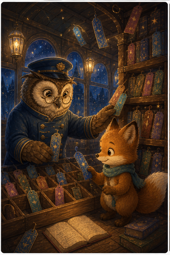 Inside a magical midnight train carriage filled with glowing bookmarks and books, Foxy and a wise owl conductor carefully sort lost markers back to shelves, warm AmFoxy children's storybook illustration style, soft painterly texture, no text, no watermark