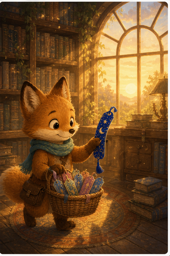 Foxy returning from a magical midnight story train to a cozy library before dawn, carrying a basket of restored bookmarks and holding a blue ribbon marker, warm AmFoxy children's storybook illustration style, no text, no watermark