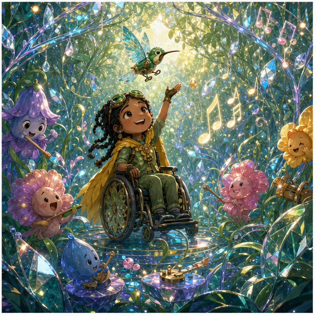 The jungle becomes a gentle orchestra of light, reflections, and smiling flowers