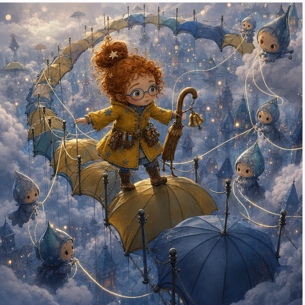 Solomiya crosses a high umbrella bridge while rain sprites hold silver thread