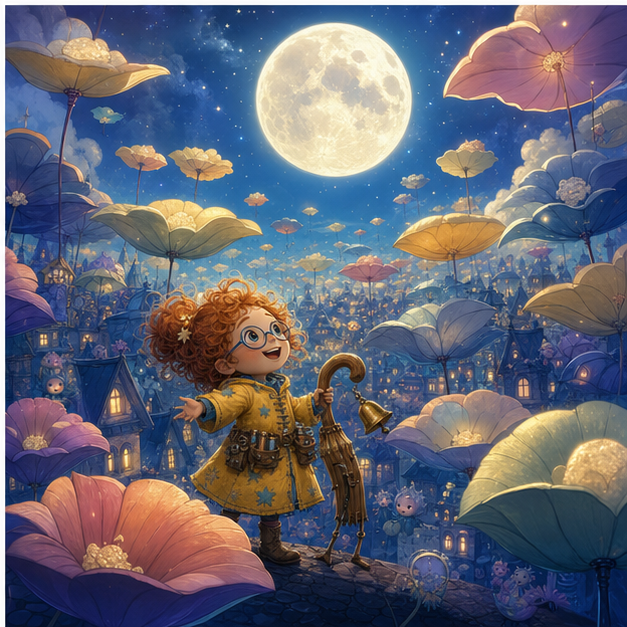 The moon is stitched whole and umbrellas bloom over happy rooftops