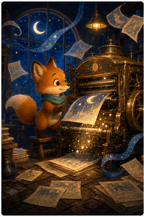 Foxy en una imprenta mágica de medianoche junto a una vieja prensa de latón que tose polvo estelar brillante, hojas flotando, cálida ilustración infantil AmFoxy, textura pictórica suave, sin texto, sin marca de agua