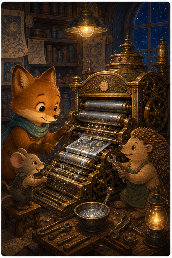 Foxy, un ratón pequeño y un erizo reparan juntos una prensa mágica de latón en una imprenta iluminada por la luna, páginas brillantes y tinta plateada, cálida ilustración infantil AmFoxy, sin texto, sin marca de agua