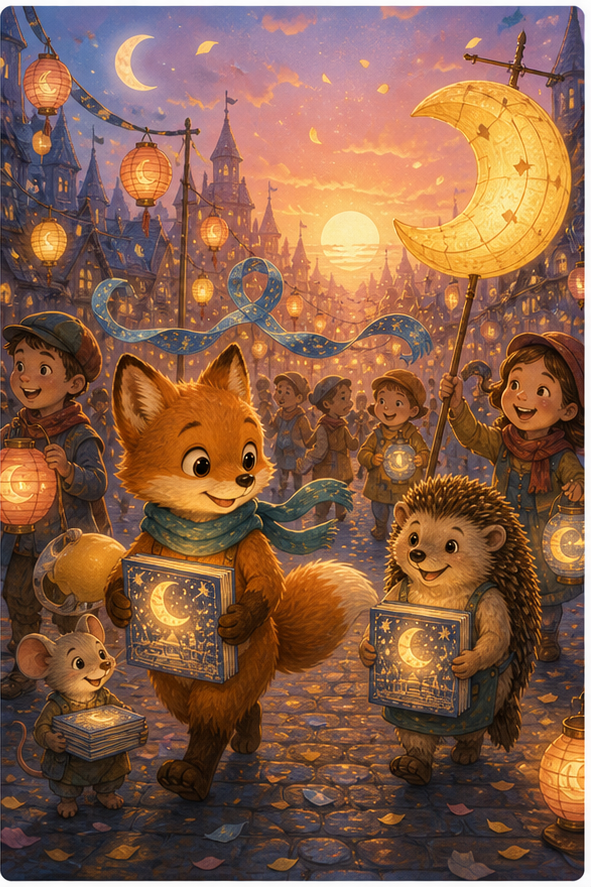 Foxy y sus amigos llevando libros brillantes recién impresos hacia un desfile de la luna al amanecer en una ciudad mágica, cálida ilustración infantil AmFoxy, textura suave, sin texto, sin marca de agua