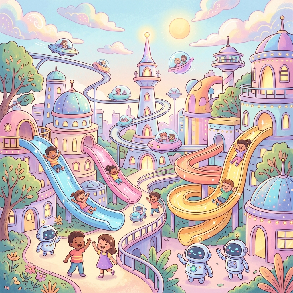Foxy in Future City with tiny fallen star, warm storybook illustration, child-friendly, soft light