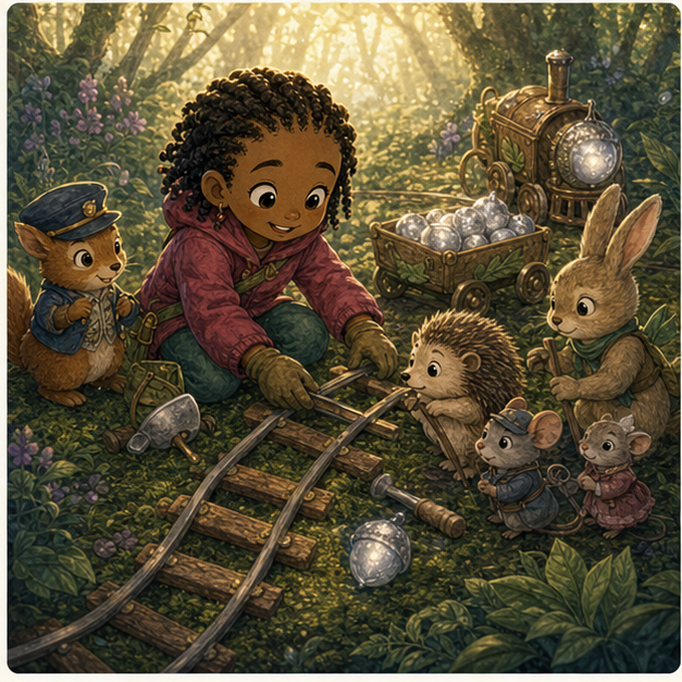 Mira helps repair a bent moss track with forest friends
