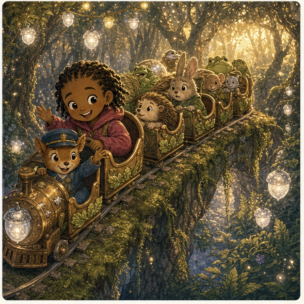 The silver acorn train carries everyone safely through glowing trees