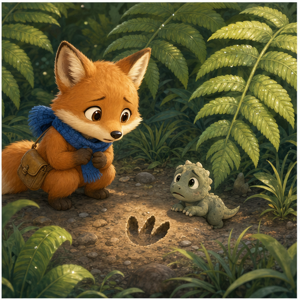 Foxy beside a huge rain-filled dinosaur footprint in Dinosaur Valley