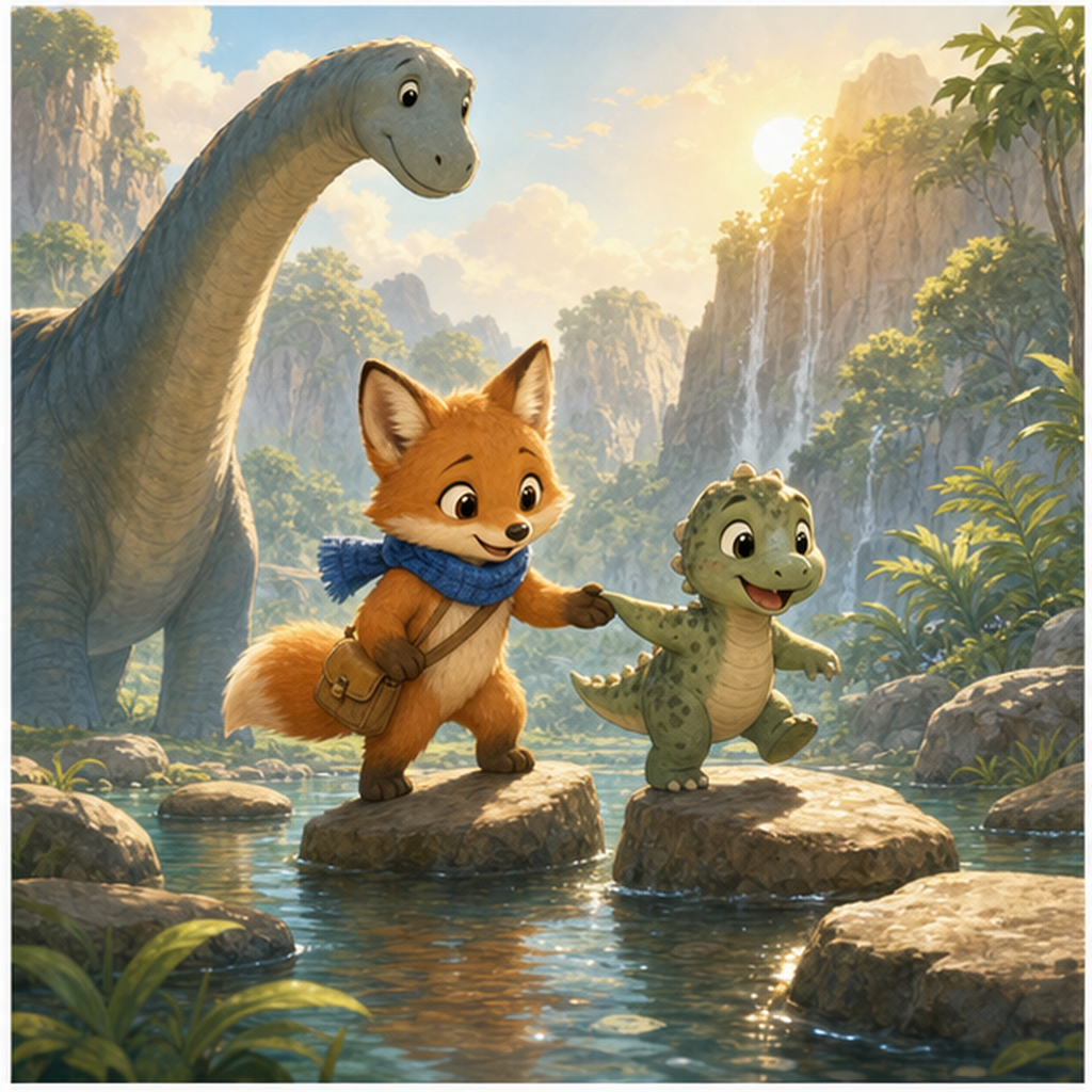 Foxy discovers a tiny baby dinosaur track near giant ferns