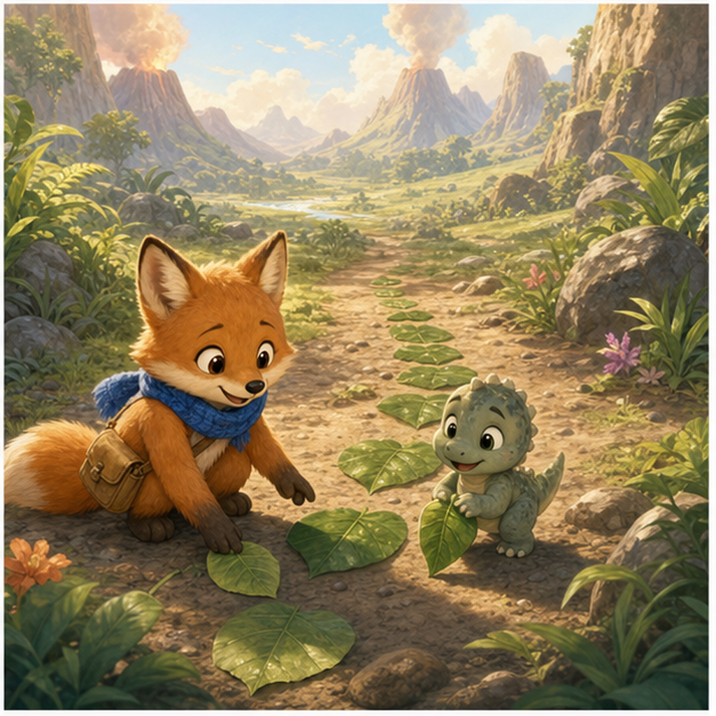 Foxy helps a baby dinosaur cross warm stepping stones