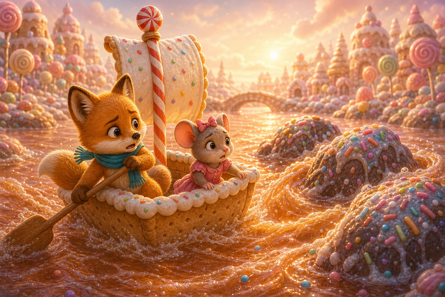 Foxy and Mira in a biscuit boat on sparkling Sugar Lake as caramel currents pull them toward sprinkle rocks; connected whimsical children's book illustration, same small fox hero Foxy with amber fur, cream muzzle, teal scarf, warm expressive eyes, soft painterly texture, rounded shapes, cozy cinematic light, no text in image