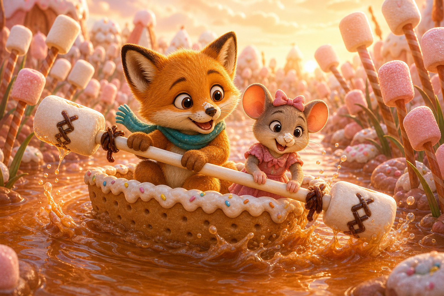 Foxy and Mira use a wide marshmallow oar tied with licorice lace among marshmallow reeds on Sugar Lake; connected whimsical children's book illustration, same small fox hero Foxy with amber fur, cream muzzle, teal scarf, warm expressive eyes, soft painterly texture, rounded shapes, cozy cinematic light, no text in image