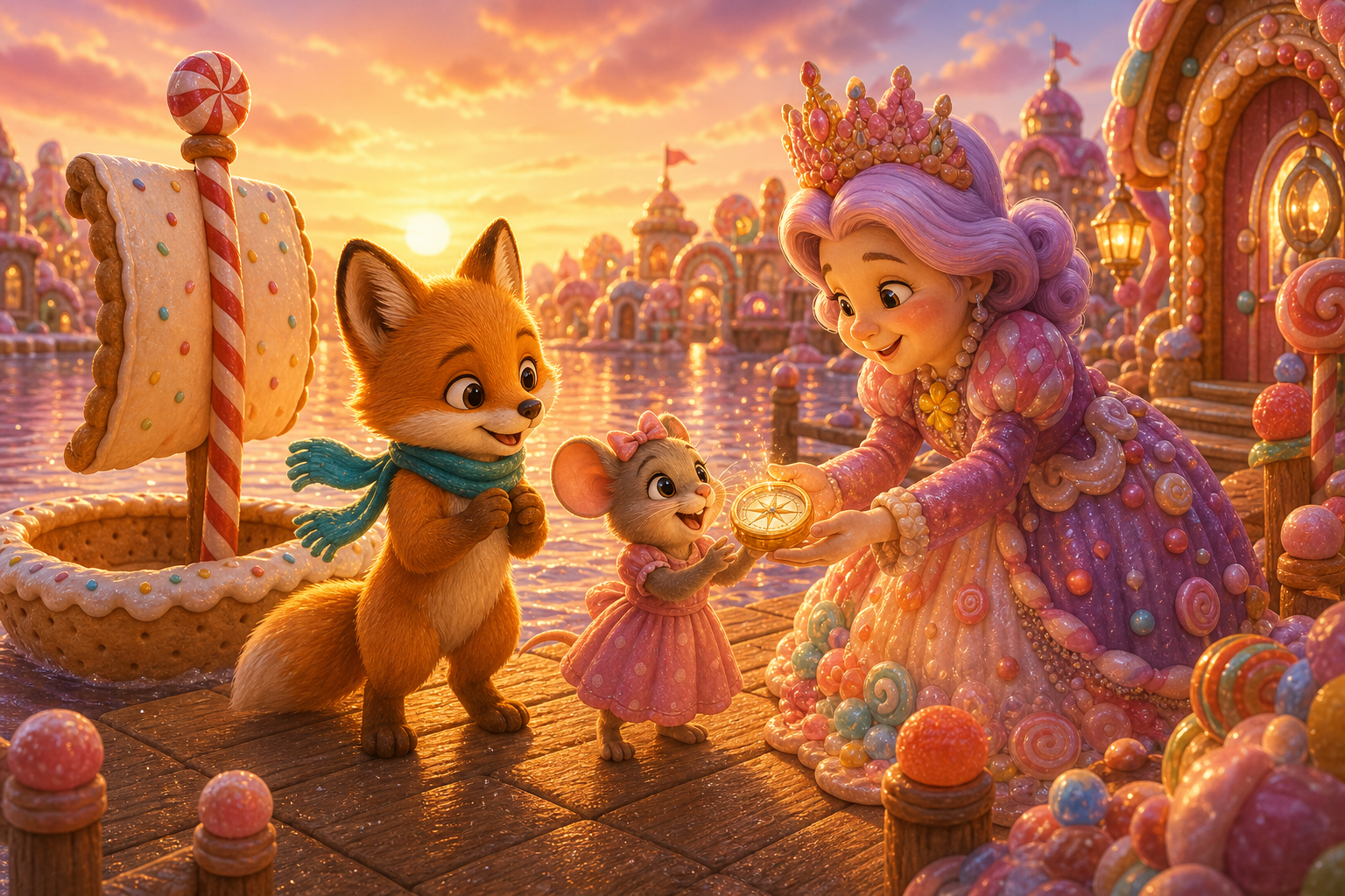 Foxy and Mira receive a sugar compass from the Jellybean Queen beside their biscuit boat at sunset; connected whimsical children's book illustration, same small fox hero Foxy with amber fur, cream muzzle, teal scarf, warm expressive eyes, soft painterly texture, rounded shapes, cozy cinematic light, no text in image