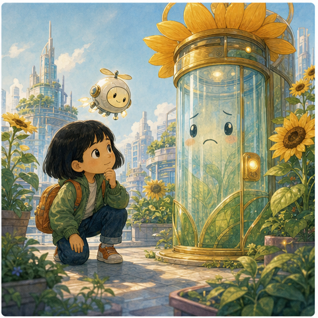 Jun notices the sunflower elevator is afraid to rise