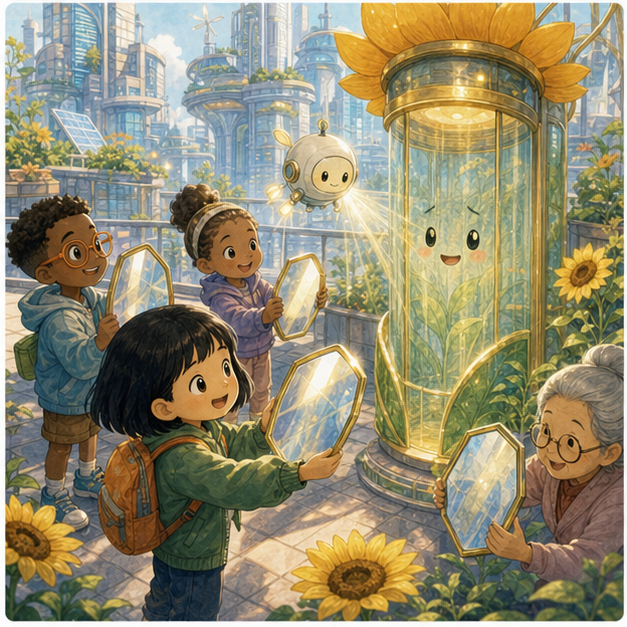 Jun and neighbors share sunlight mirrors to help the elevator