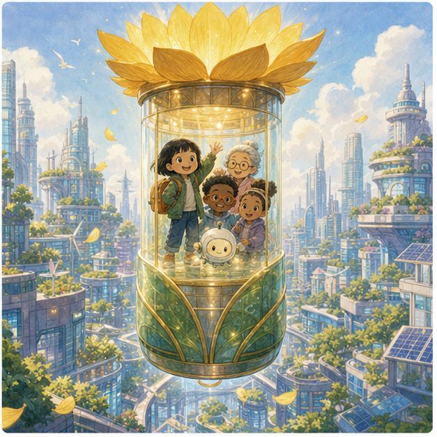 The sunflower elevator blooms and lifts everyone above Future City
