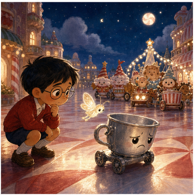 Mateo gently asks a sad tin teacup why it will not join the parade