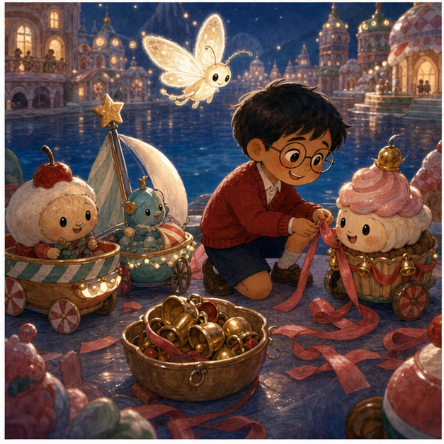 Mateo shares ribbon and bells with tiny parade floats in Sweet Kingdom
