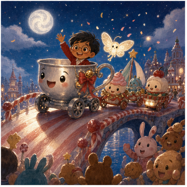 The tin teacup leads a moon parade across a sugar bridge