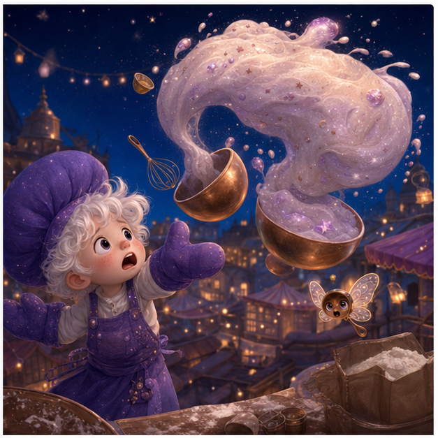 Rafi's comet dough rises too fast and floats away with bowls