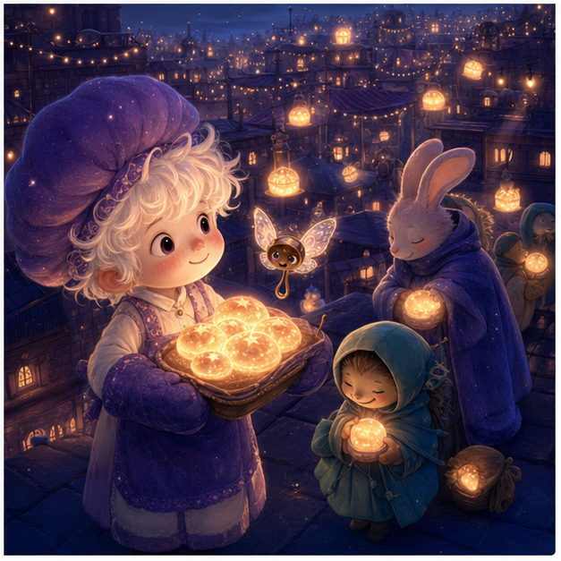 Warm comet buns become tiny safe lights guiding sleepy shoppers home