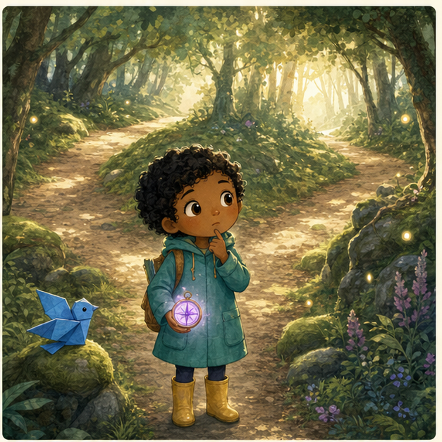 Elin listening at two mossy forest paths with Pippa