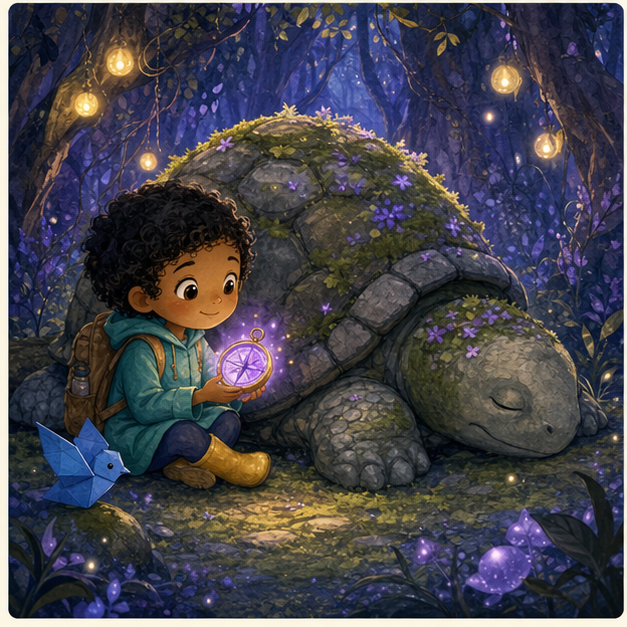 Elin waits beside a sleeping stone turtle while the compass glows