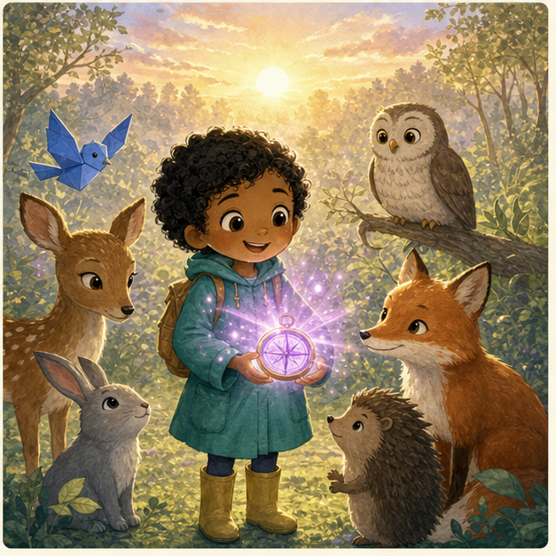 Elin shares violet compass sparks with forest friends at sunrise