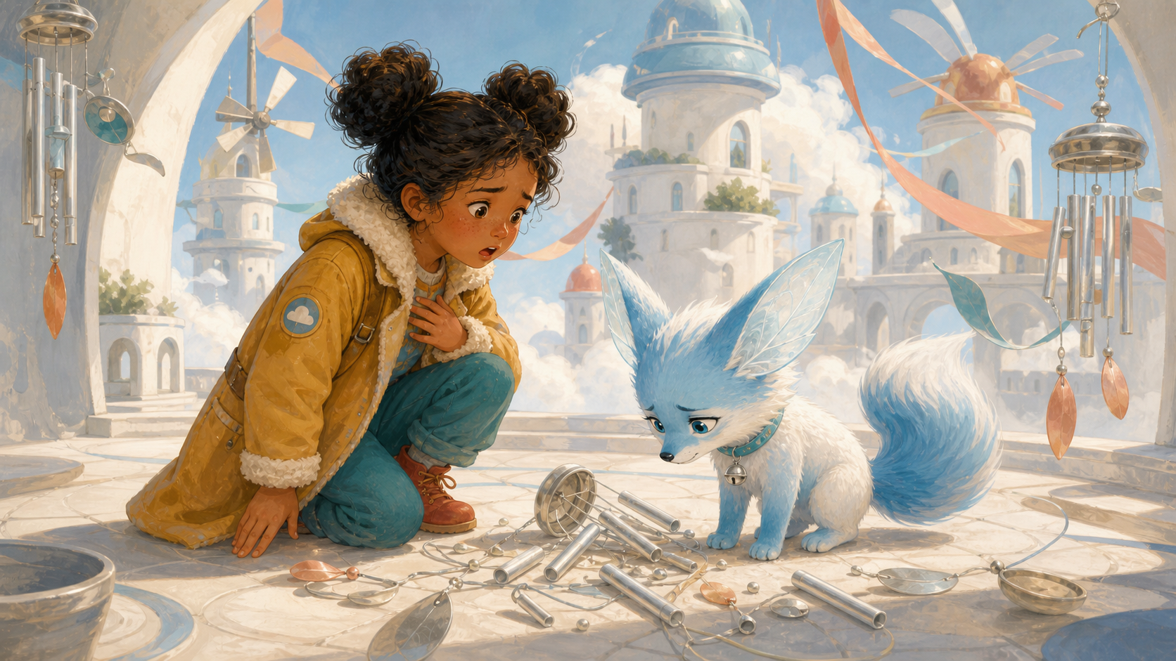 Mia, an eight-year-old girl with warm brown skin, dark curly puff buns, mustard aviator coat, teal trousers and red boots, discovers broken silver chimes beside Nimbus, a white-and-blue wing-eared cloud fox with a silver bell collar