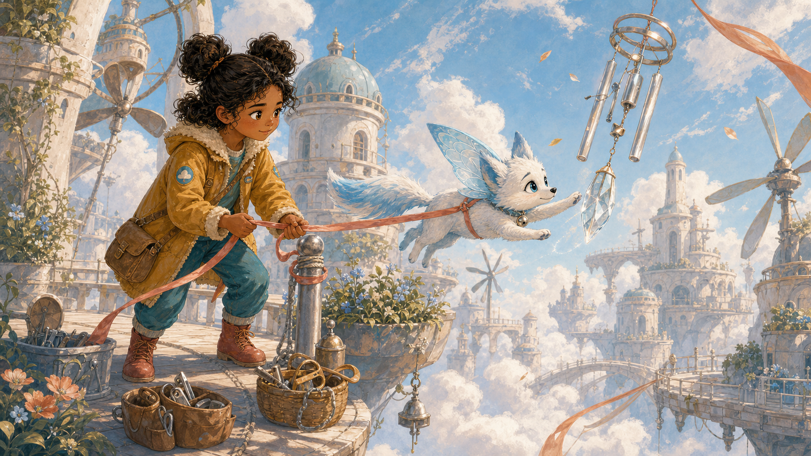 The same Mia holds a coral safety ribbon while the same Nimbus glides carefully toward a missing blue crystal chime in Cloud City's wind gardens, showing teamwork and rebuilt trust