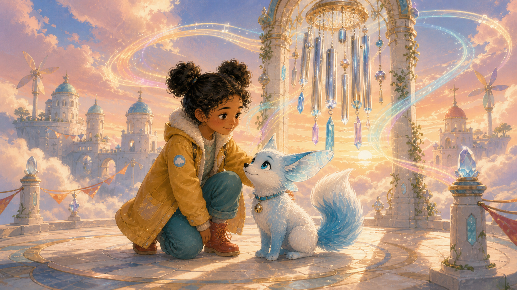 The same Mia and Nimbus stand reconciled beneath the restored silver and crystal Great Wind Chime as colored ribbons of light sweep across Cloud City at sunset